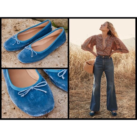 💕DOEN💕 Ballerina Slipper ~ Cerulean Blue Velvet Leather Flats EU 42 US 11 NWT - Picture 1 of 16